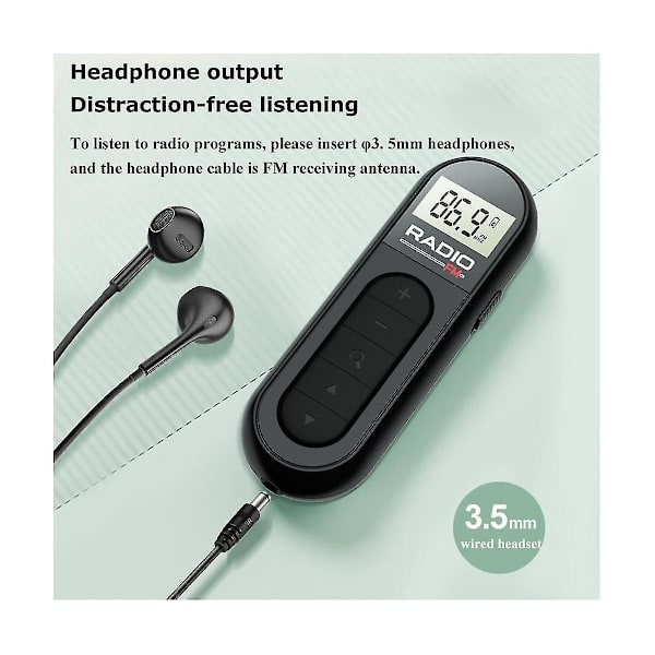 Mini taskuradio, ladattava, kannettava 76-108 MHz radiovastaanotin taustavalaistulla LCD-näytöllä, langallinen