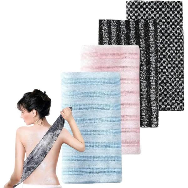 Sæt med 4 eksfolierende handske-håndklæder - 25 x 100 cm - Lang til ryggen - Hurtigtørrende nylon/polyester - Sort/Pink/Blå