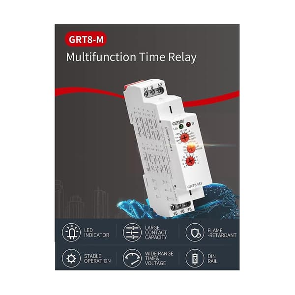 Grt8-m 16a Multifunktions Timer Relæ Til Fra Tidsforsinkelsesrelæ Justerbart Med 10 Funktionsvalg