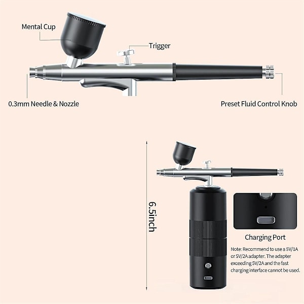 Airbrush Sæt med Kompressor Højtryks AirBrush Sæt med 0,3 mm Dyse Airbrush til Negle, Makeup