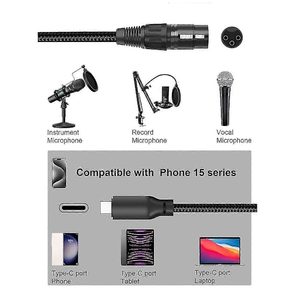 XLR - USB C USB C - XLR -yhteensopiva puhelimen ja mikrofonin kanssa XLR - USB-kaapeli yhteensopiva pöydän kanssa