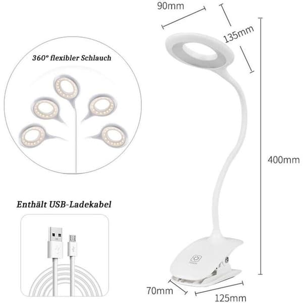 USB-lukuvalo klipsillä - 3 tilaa - 2000 mAh akku - 360° pyörimiskulma - Mukava silmille