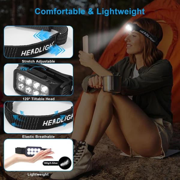 Hodelykt 2000 lumen, for barn, LED batteridrevet hodelykt med 6 lysmoduser, AAA-batterier inkludert, jogging