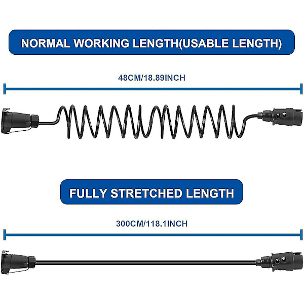3 Meters 7-polig släpvagnsförlängningskabel med spiralformad kabel och släpvagnskontakt, 7-kärnig RV-elkabelkontakt