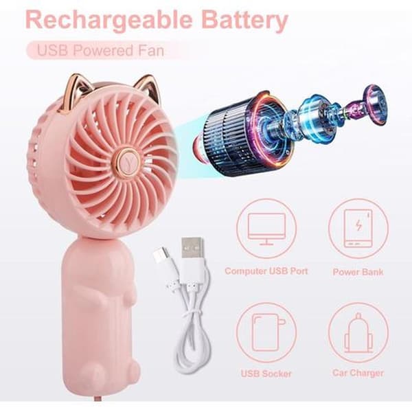Mini bærbar ventilator med genopladeligt batteri og 3 blæserhastigheder. Sammenfoldeligt design - Grøn - Katte mønster.