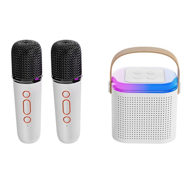 Bærbart Bluetooth 5.3 højttalersystem med 2 trådløse mikrofoner, hjemmesanghøjttaler, hvid