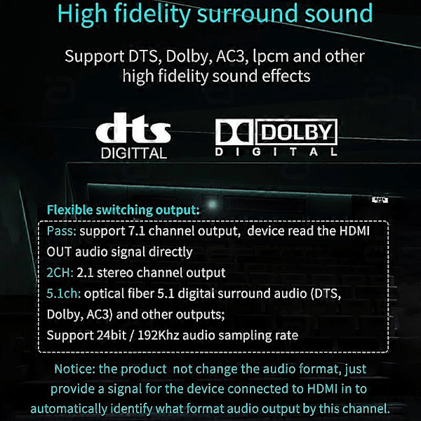 HDMI Audio Extractor HDCP CEC + Optisk TOSLINK SPDIF + 3.5mm RCA Audio Converter 4K x 2K 3D HDMI Au