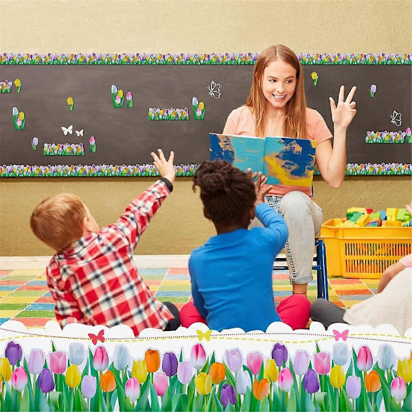 1 Rulle Tulipan Blomsterkant 20 m Floral Opslagstavle Kant til Skole Klasseværelse Tavle Kridttavle