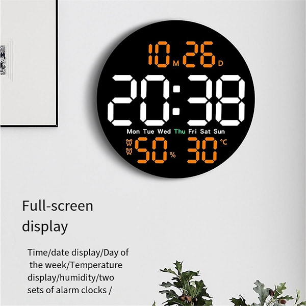 10 tum Digital Väggklocka med Temperatur, Luftfuktighet, Fjärrkontroll, Alarm, Datum och Vecka