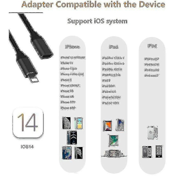 Lightning-kabel förlängning 1m för iPhone iPad, Apple Mfi-certifierad iPhone-förlängningssladd hona till hane-kontakt överför ljudvideo musik dataöverföring