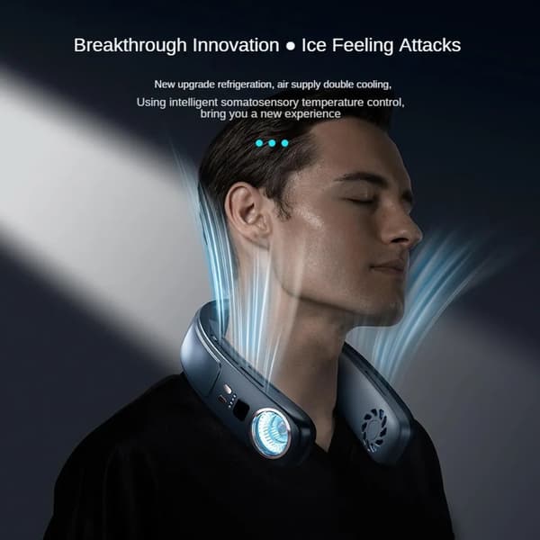 Neck-mounted fan with cooling function, blows cool air from 11 to 16 degrees Celsius, hidden fan blades, LED display, 3 wind speeds...