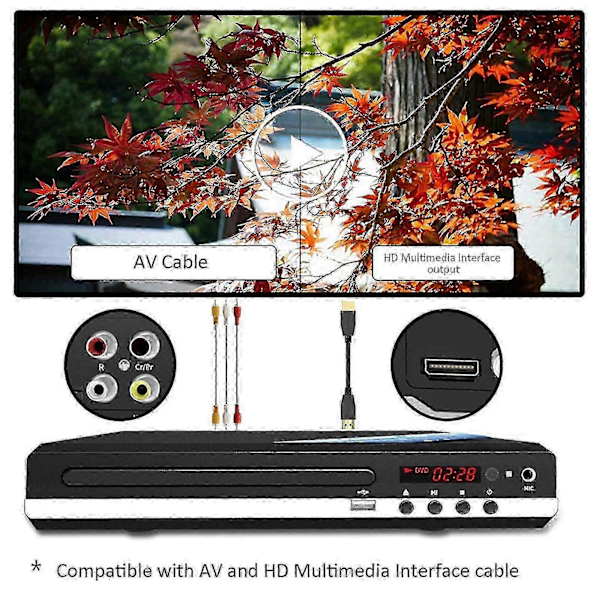 Mini DVD-soitin 1080p-tuella, HDMI, USB-portti, AV-ulostulo ja kaukosäädin
