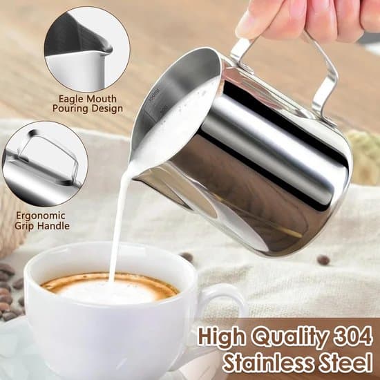 Kaffekande og mælkeskummer i rustfrit stål - 350 ml - til køkken, stue, hotel, caféer - Sølv
