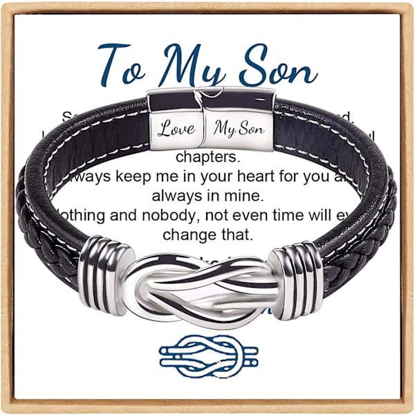 Till min son Armband, Forever Linked Together Flätad Läderarmband, Rostfritt Stål Magnetiskt Spänne Läderknut Manschett Armband, Tillbaka till skolan Present