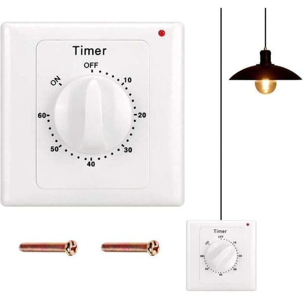 Nedtellingstimerbryter: 60-minutters timerlysbryter med timer, vannbestandig, borehull for baderomsinstallasjon, vifte, lys