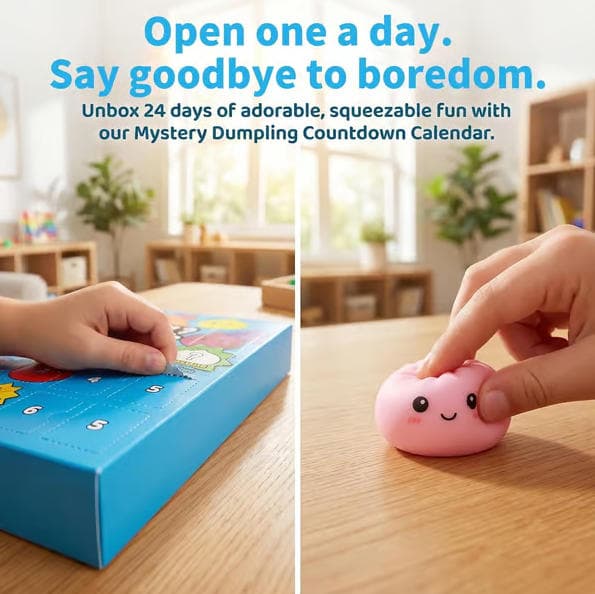 Julkalender 2026 – 24 dagar med överraskningar, söta och klämbara dumplingformade leksaker; julklapp till barn