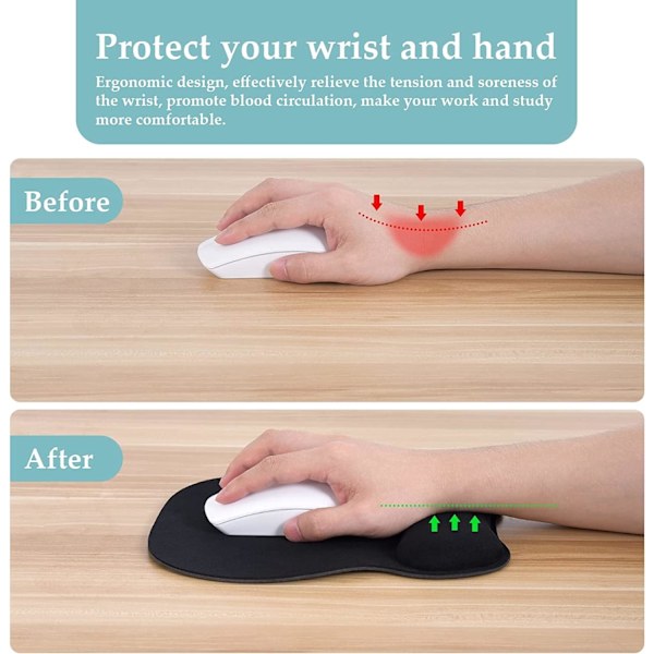 Musematte med ergonomisk håndleddstøtte, 4 mm musematte med memory foam-fylling, strukturert slitesterk vaskbar, svart
