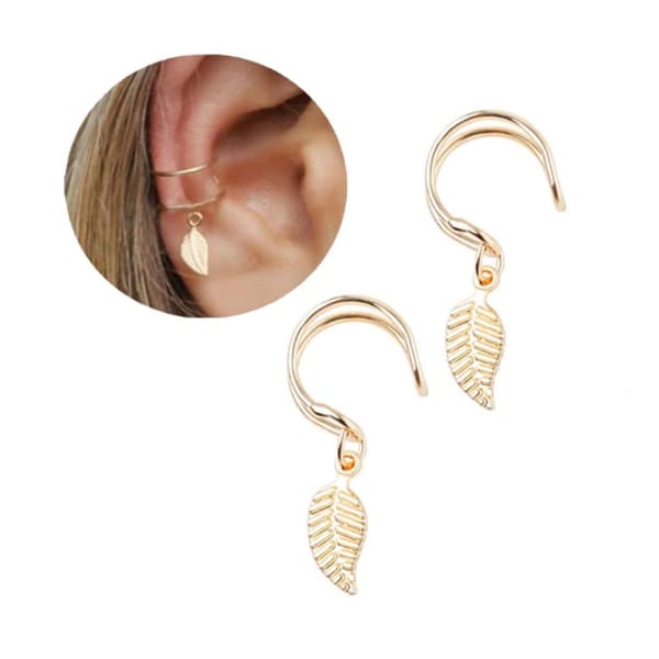 2-Pack Fake Helix Piercing Earring Ear Cuff with Feather Gold