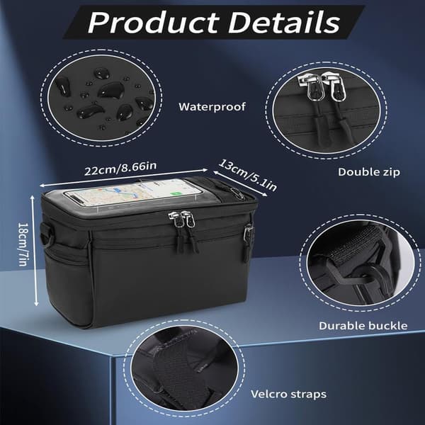 Handlebar Bag - Insulated Front Handlebar Bag - Bicycle Accessories - Bicycle Basket - Touchscreen Phone Bag with Shoulder Strap - Black