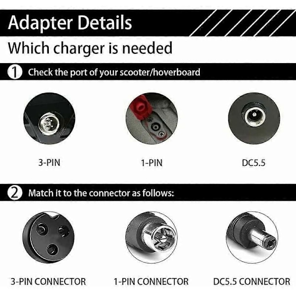 Udskiftningsoplader til elektrisk løbehjul, Universal kompatibilitet 42V 2A adapter med hurtig opladning til M365, Pro2, Mi 3, E22