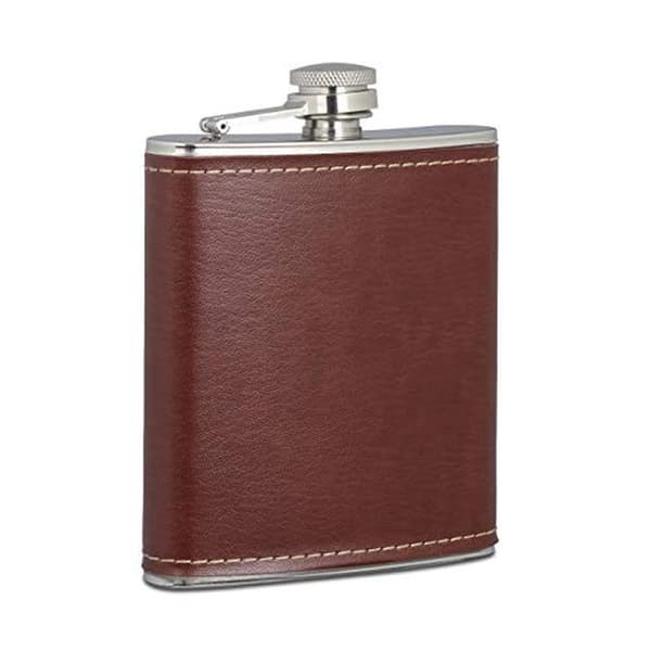 150 ml alkoholbeholder i rustfritt stål med etui i kunstlær, brun