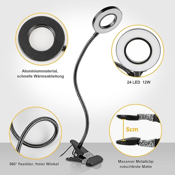 360 Fleksibel LED Clip Lampe - 3 Tilstande & 10 Dæmpningsniveauer - Til Sengegavle, Soveværelser, Kontorer - 12w - Med CE Adapter - Sort