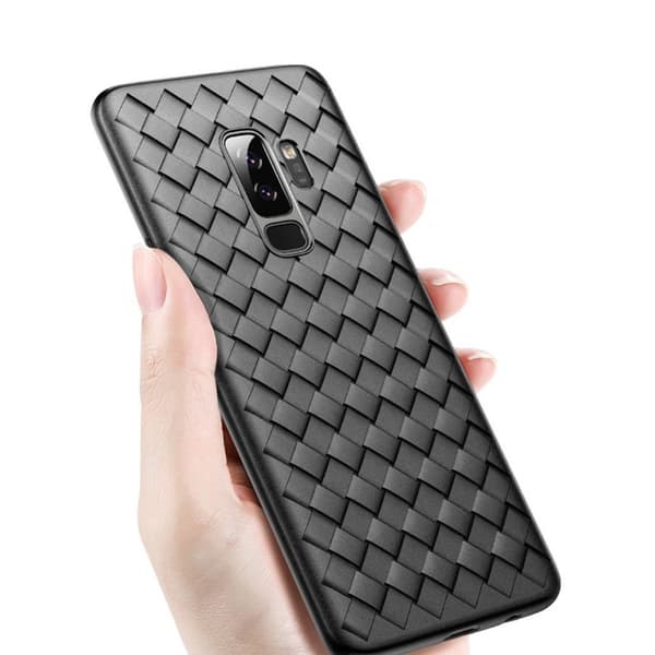 Samsung Galaxy S9 Plus -puhelinkotelo, punottu, musta nahka