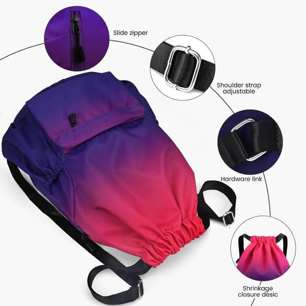 Drawstring Bag, Waterproof Sports Bag with Wide Shoulder Strap, Inner Pocket and Security Pocket, Front and Back Zipper Pockets, Gradient Red.