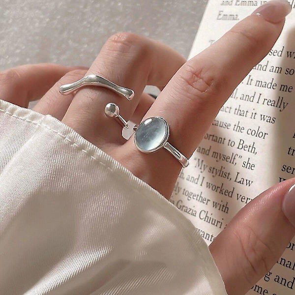 Akvamarinring, S925 Sterling Sølv Akvamarin Is-Sprengt Stein Åpen Ring