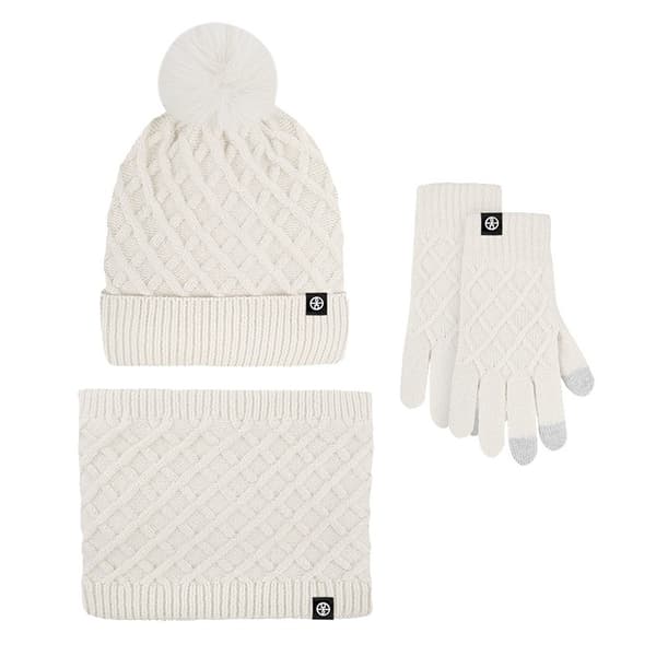 Stickad mössa, halsduk och handskset, varma vinteraccessoarer, beige