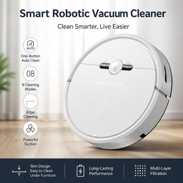 3-i-1 Robotdammsugare och Mopp, Vit, Automatisk Sopning, Moppning, Smart Navigering
