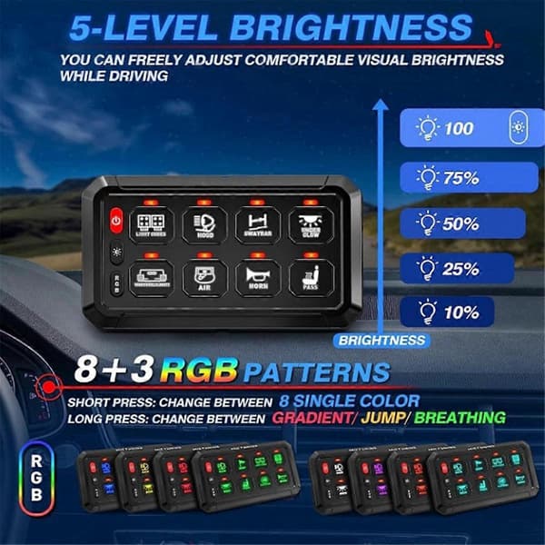 8-växlad universell LED-switchpanel APP-kontroll för bil lastbil terräng