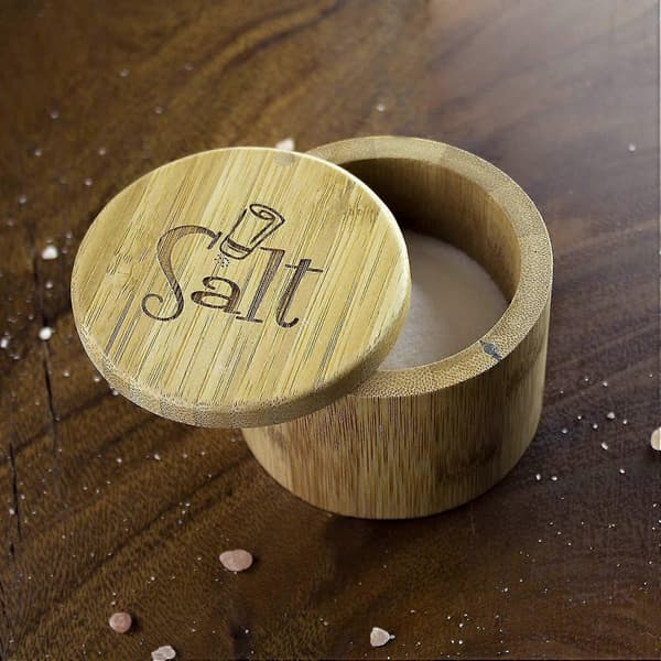 Salt Box, Bambu Salt Bambu Förvaringslåda med Magnetiskt Svängbart Lock, Salt Graverat på Lock Förvaringslåda