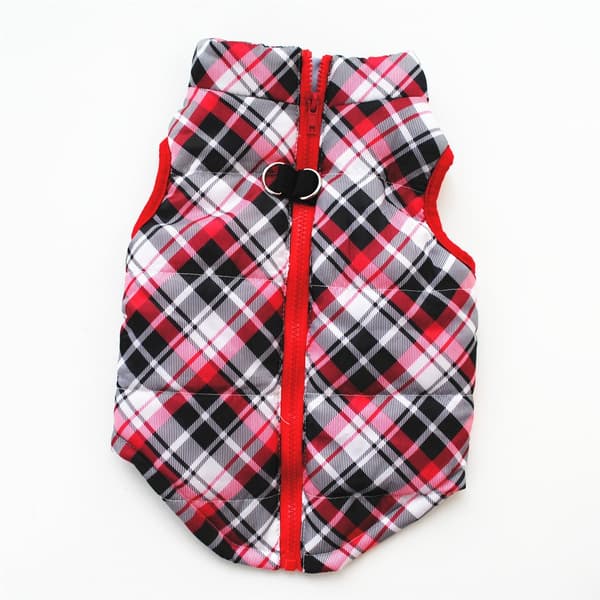 Vinterjacka i bomull för hund, vadderad husdjurskappa med koppelfäste, polyester, XS-XL L 83g-Plaid