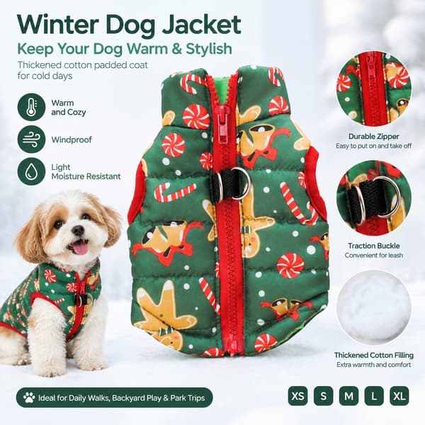Vinterjacka för hund, vadderad bomullsjacka för husdjur med koppelfäste, varma hundkläder XL 100g-Gingerbread Man jacket