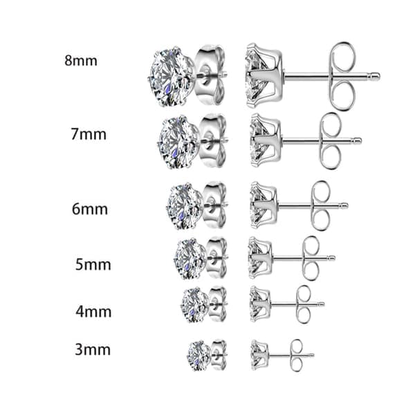 Øreringe i rustfrit stål til mænd og kvinder, sorte og sølvfarvede runde kubisk zirkonia indlæg, 12 par 3mm - 8mm