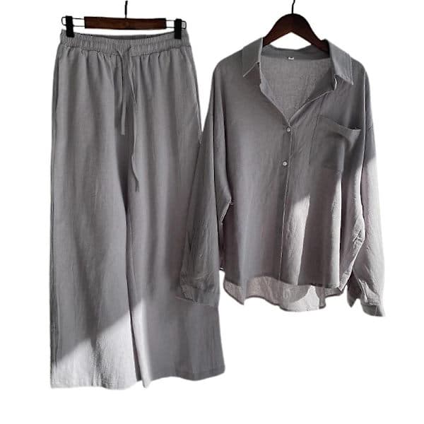 Dam Långärmad Skjorta Kostym Casual Blus + Elastisk Midja Vida Ben Byxor Set Grå Grå M