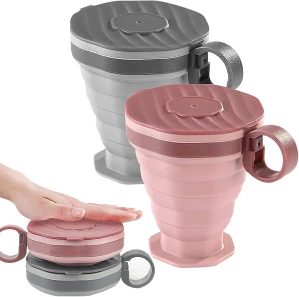 2-pack hopfällbara silikonmuggar, hopfällbara resemuggar med plastlock, återanvändbart bärbart muggset lämpligt för camping och vandring