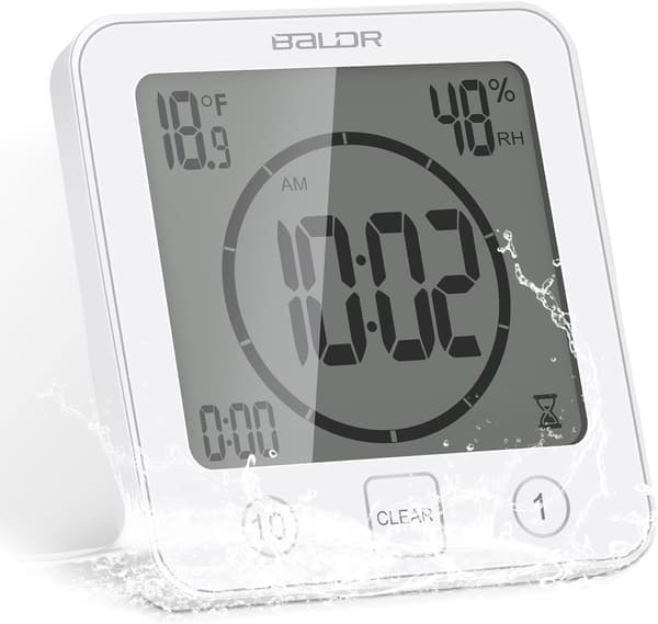 Duschklocka Vattentät, Digital Klocktimer med Alarm, Badrumsklocka med Sugkopp, Temperatur- och Luftfuktighetsvisning, 3 Monteringsmetoder Vit