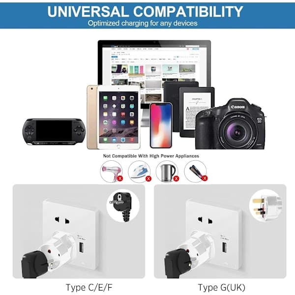 2x Reiseplugg England, Multifunksjonell reiseadapter, Reiseplugg England, Reiseadapter, Hvit, pluggadapter for England, Verdensadapter