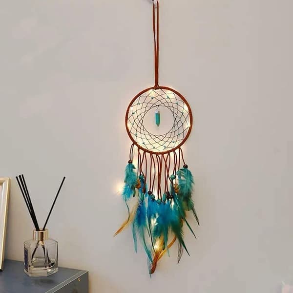Liten drømmefanger med LED-lys, drømmefanger veggdekor hjemmeinnredning - 13 cm diameter, 45 cm lengde