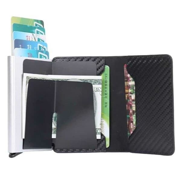 Kulfiber Pop-up Kortholder med RFID Beskyttelse PU Sort Sort