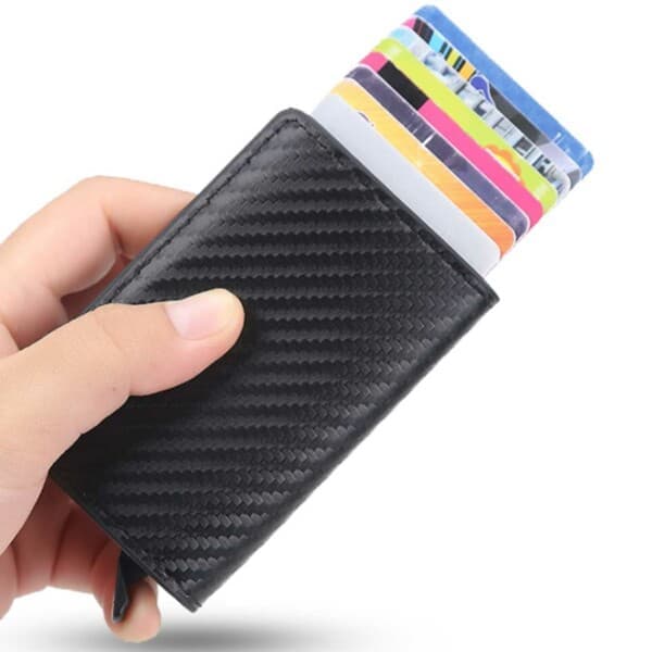 Kulfiber Pop-up Kortholder med RFID Beskyttelse PU Sort Sort