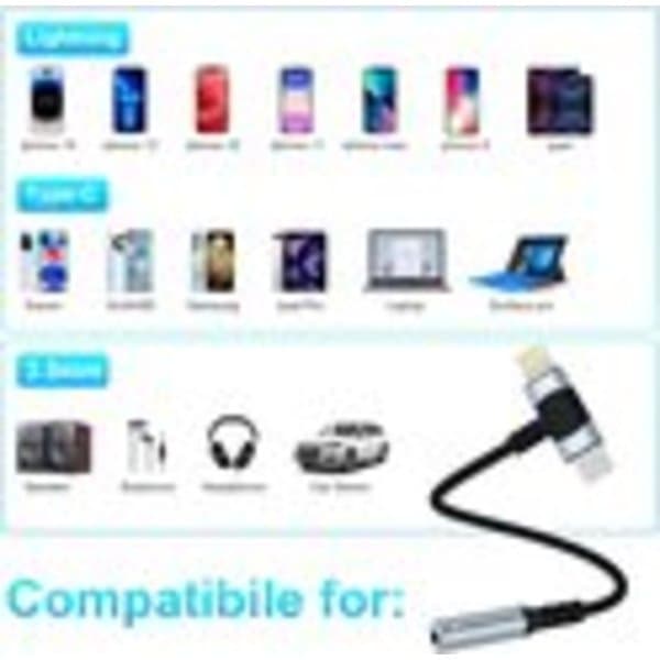 2-i-1 Aux-adapter - Lightning og USB-C til 3,5 mm lydadapter - til iPhone 15, 14, 13, 12, 11, X og iPad.