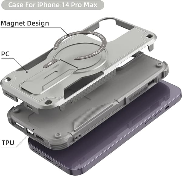 Magnetisk iPhone-deksel med stativ, MagSafe-kompatibel, robust innebygd stativ, støtsikker med militærgradert fallbeskyttelse for iPhone Grå iPhone 15 Plus Grey iPhone 15 Plus