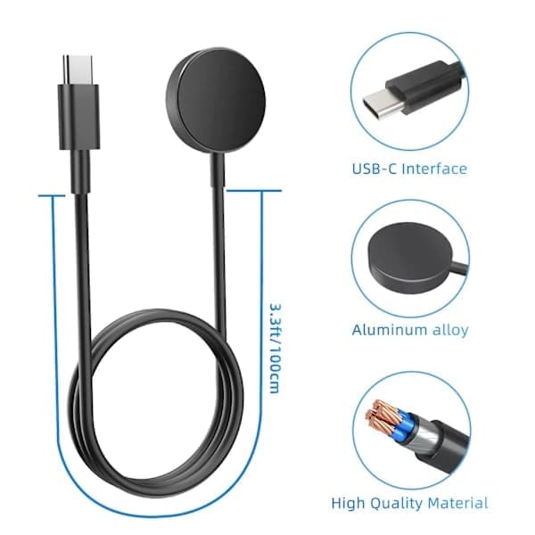 INF USB-C-oplader (sort) til Samsung Galaxy Watch 3/4/5/6/7, Active 1/2