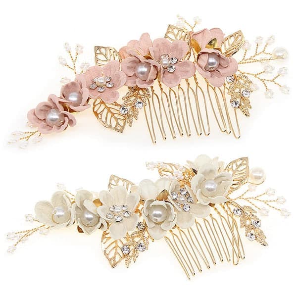 Brudeblomst Bryllupshårkam 2 stk Brudehodeplagg Hårblad Tilbehør Rhinestone Blomst Brudeklemme Hvit og Rosa