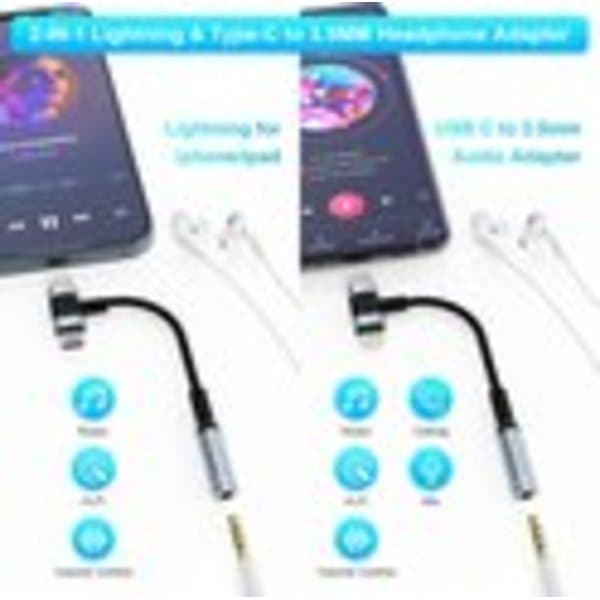 2-i-1 Aux-adapter - Lightning og USB-C til 3,5 mm lydadapter - til iPhone 15, 14, 13, 12, 11, X og iPad.