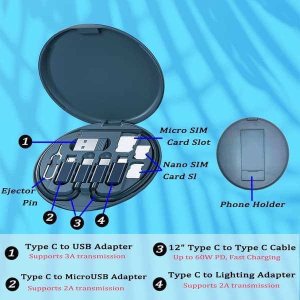 Monikäyttöinen USB-lataussovitinsarja, USB C - Lightning-sovitinrasia (sininen) blue