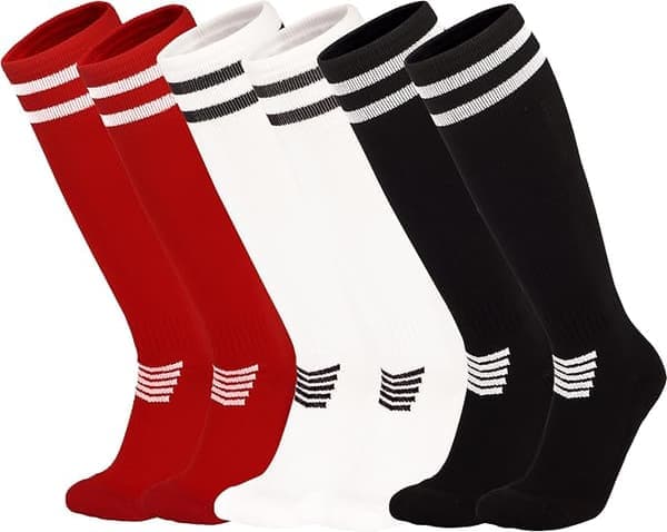 Fodboldgrebstrømper – 3 par – Fodboldstrømper – Knæhøje til unge – Løbestrømper til piger – Sort & Hvid, Rød, Sort – Størrelse L – 20 x 9,75 x 2,4 cm